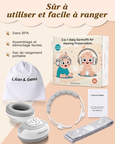 Lilian&Gema 2 in 1 Baby Noise Cancelling Headphones, Adjustable Anti-Noise Headphones for Children Under 48 Months, Owl Design, Sleep and Activities, Hearing Protection for Babies