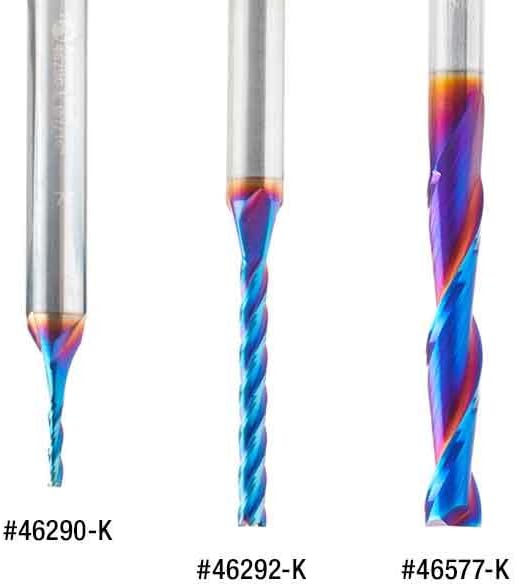 Amana Tool 46577-K CNC Spektra Extreme Tool Life Coated Spiral 2D/3D Carving 0.10 Deg Straight Angle Flat Bottom x 1/4 D x 1-1/2 CH x 1/4 SHK x 3 Inch Long x 2 Flute SC Up-Cut Router Bit - Image 5