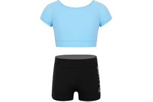 MSemis Girls' Kids 2-Piece Sport Dance Outfit Crop Top with Booty Shorts Gymnastics Leotard Dancing Swimwear