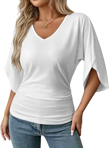Cinched Waisted Top Ruched V Neck Half Sleeve Batwing Tops White Large at Amazon