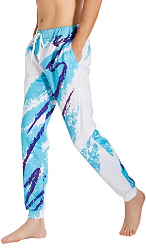 Loveternal Unisex 80's Graphic Joggers Paper Cup Sweatpants for Men Women Rock Tapered Sports Pants Teens Blue White Hip Hop Training Parachute Pants M