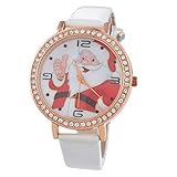 Souarts Artificial Leather Rhinestone Christmas Father Santa Claus Quartz Wristwatch Watch White