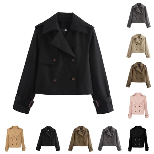 Black Coats Trench Coats for Women Winter Jacket Casual Lapel Cropped Trench Coat Womens Ladies Long Sleeve Tops Warm and Soft Overcoat Women Winter Jacket