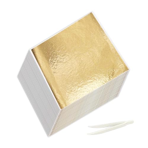 Tiiyee 200Pcs Gold Leaf Sheets, Imitation Gold Foil Paper Sheets Gold Flakes with Tweezers for Arts Project Gilding Crafting Nails Picture Frames Candles Wood Furniture Decoration 5.5