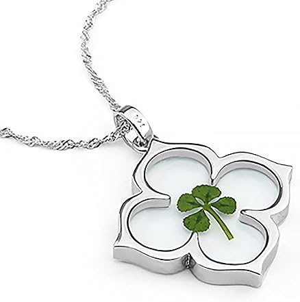 Real Four-Leaf Clover Sterling Silver Pendant Necklace, 15" Short Chain, Transparent Quatrefoil Shape Lucky Forever