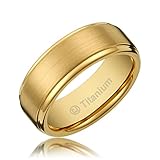 8MM Men's Titanium Gold-Plated Ring Wedding Band with Flat Brushed Top and Polished Finish Edges