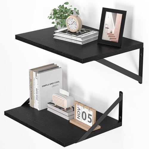 DAYONG Deep Wall Mounted Floating Shelf, 16W x 12D Rustic Wood Floating Shelves with Metal Brackets, Set of 2 Hanging Shelf for Kitchen, Living Room, Bathroom and Bedroom Decor (Black)