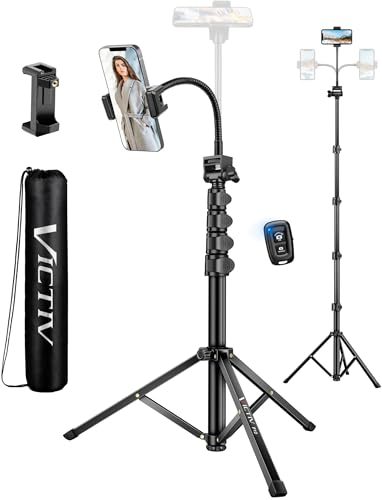 Victiv 197 cm high mobile phone tripod, flexible overhead smartphone tripod, with 25 cm adjustable gooseneck, remote shutter release for selfies, aluminium camera phone tripod for Sony DSLR and iPhone17 16 15 Pro Max