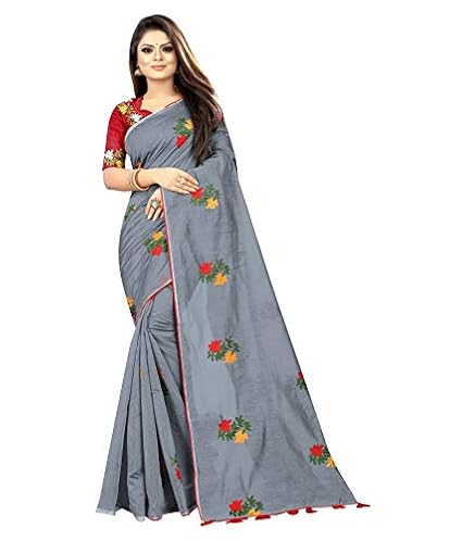 RAJESHWAR FASHION WITH RF Womens Chanderi Cotton Saree With Blouse (GREY CHANDERI EMB WORK_Teal Green)