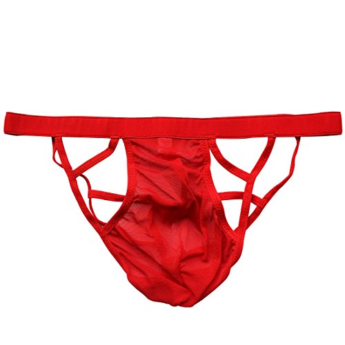 YiZYiF Men's See-Through Sheer Lace Cross Belt Jockstrap Bondage Underwear Red