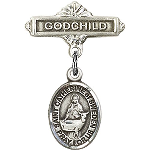 Sterling Silver Baby Badge with St. Catherine of Sweden Charm and Godchild Badge Pin 1 X 5/8 inches
