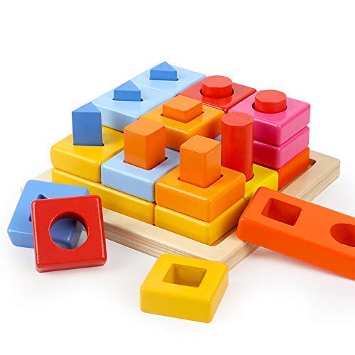 TOP BRIGHT Shape Color Sorter Wooden Blocks, 2 Year Old Early