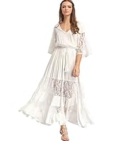 Milumia Women's Bohemian Drawstring Waist Lace Splicing White Long Maxi Dress White M
