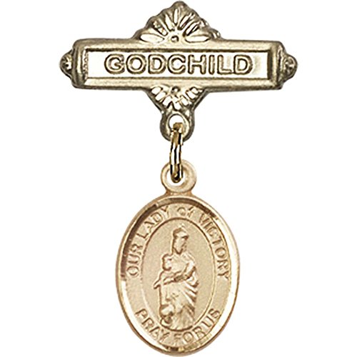 14kt Yellow Gold Baby Badge with Our Lady of Victory Charm and Godchild Badge Pin 1 X 5/8 inches
