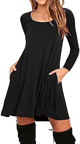JINGJQINGCAO Chic Womens Cotton Loose Casual Pockets Pleated Swing Long Sleeve T-shirt Dress BlackSmall