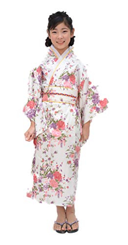 Tikusan Japanese Traditional Dress Kimono Yukata Robe for Kids Girls Costume (8-9 Years, White)