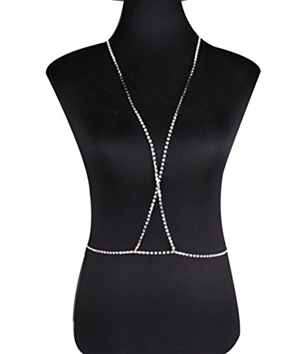 Women Sexy Rhinestone Crossed Bra Body Chains Shiny Jewelry Necklace (Silver Color)