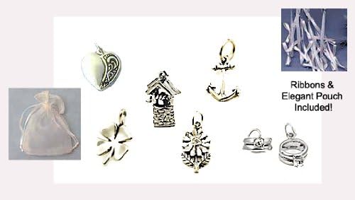 Set of 6 Wedding Cake Charms with White Ribbons