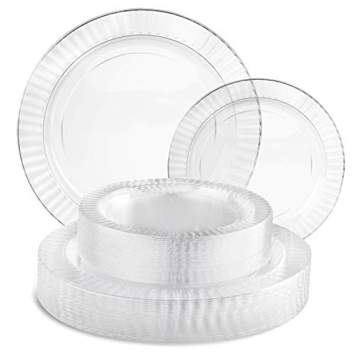 Perfect Settings 50 Piece (25 Sets) China Wedding Clear Plastic Plates (25 x 10" Dinner / 25 x 7.5" Salad) Superior Disposable Dinnerware Set Heavy Duty Combo Party Plates (Clear Textured Edge)