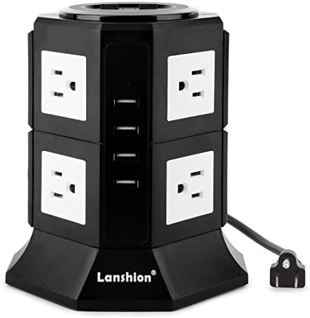 Lanshion Tower Power Strip Surge Protector 1875W 8 Way Outlets 4 USB Ports Charger Charging Station Power Socket with 6.5ft Long Extension Cord, 1000 Joules, UL Listed(Black + White)
