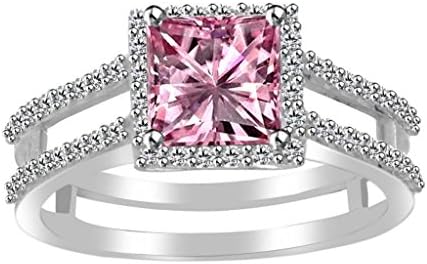 Jewelryhub 14k White Gold Plated 925 Sterling Silver 1.00 Ct Princess Cut Pink Sapphire and Simulated Diamond Halo Engagement Ring for Women