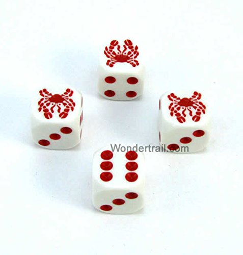 Crab Dice D6 White Opaque with Red Pips 16mm (5/8in) Set of 4 Dice Wondertrail WKP00475E4