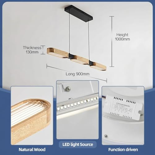 Epochglo Modern Wooden Kitchen Chandelier 90cm LED Lamp for Dining Room and Kitchen Island Dimmable 3000K-6500K with Remote Control and Memory Function