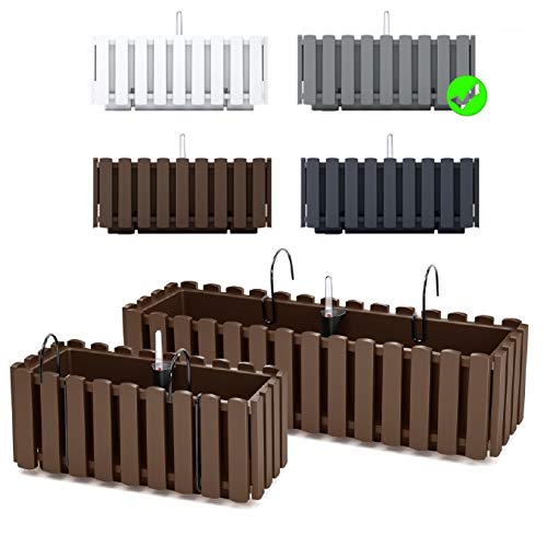 Blumenkasten Blumentopf Balkonkasten Latten-Optik mit Halterungen Wasserspeicher Pflanzkasten Pflanzgefäß inkl. Aufhängung Lattenzaun-Design (380 Grau)