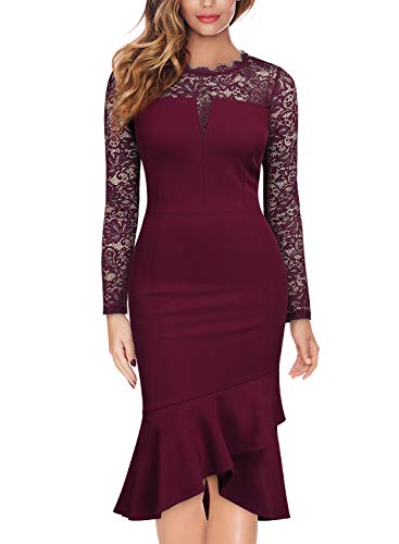 Knitee Women's Floral Lace See Through Long Sleeves Business Casual Evening Nightout Party Slim Fit Sheath Dress