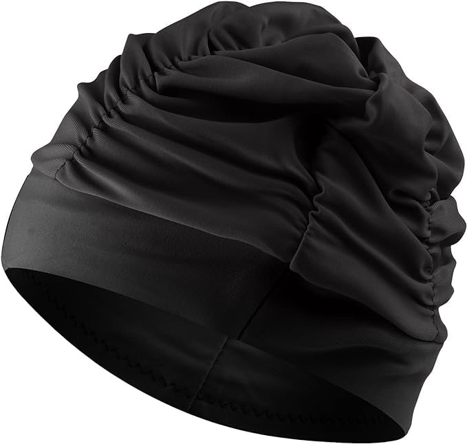 Swimming Cap Women Adult Comfortable Fit Stylish Design for Pool Stay SecureFashionab Fabric Swim Caps for Women Swimming for Cloth Pleated Elastic Comfort Bathing Hats Keep Hairstyle Unchang (Black)