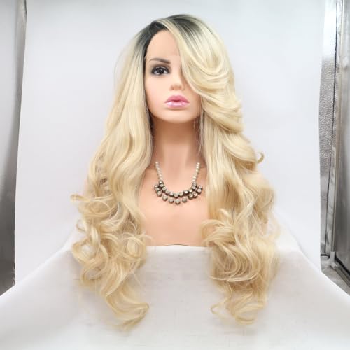 Ombre Blonde Lace Front Wigs Long Natural Wavy Synthetic Wig for Women Dark Root Blonde Realistic Hairline Daily Party Heat Resistant Hair (24 Inch, 2T Blonde/lace front wig) — image 1
