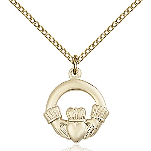 Gold Filled Claddagh Pendant 5/8 x 1/2 inches with Gold Filled Lite Curb Chain