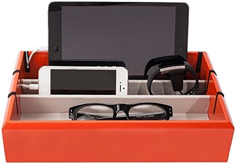 Tech Tray Luxury Personal Electronics Organizer, Designer Lacquered Wood Stand Display Stores and Charges Multiple Devices Including: Tablets, Phone + Tablets and Smart Watches, Orange