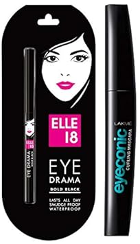 Elle 18 Eye Drama Kajal, Bold Black, 0.35g & Lakme Eyeconic Lash Curling Mascara, Black, 9ml