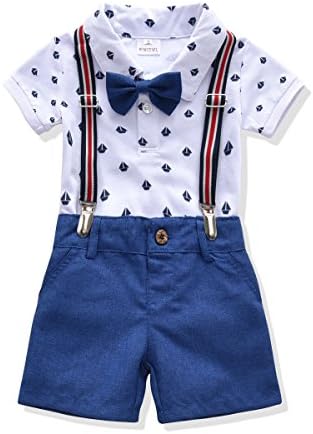 Toddler Boys Clothing Set Gentleman Outfit Bowtie Polo Shirt Bid Shorts Overalls (3T, White/Blue)