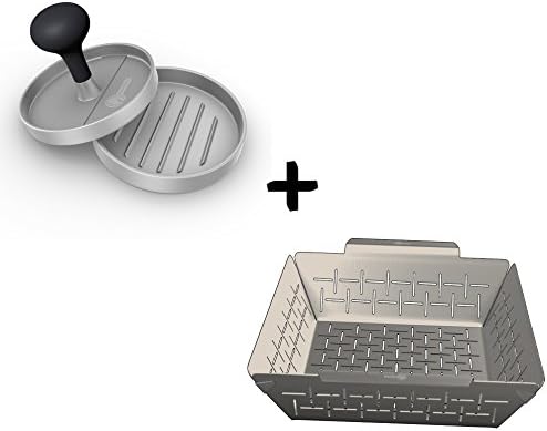 Burger Press + Vegetable Grill Basket - DISHWASHER SAFE STAINLESS STEEL - Large Non Stick BBQ Grid Pan For Veggies Meat Fish Shrimp &amp; Fruit - Best Barbecue Wok Topper Accessories Gift for Dad