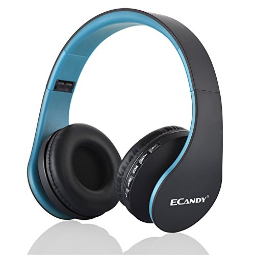 Ecandy Bluetooth para auriculares estéreo V4.0 Música plegable Over-oreja sonido de alta fidelidad Calling construido en Mircophone manos libres, inalámbrico de conexión de cable, para Iphone 6S 6S, 6S Plus Samsung, Android Smartphone, tableta, PC, MAC y Laptop (4 en 1)(azul)