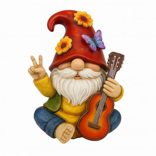 GoGnome Peace Sign Garden Gnome Figurine Outdoor Statue, Funny Guitar Playing Dwarf