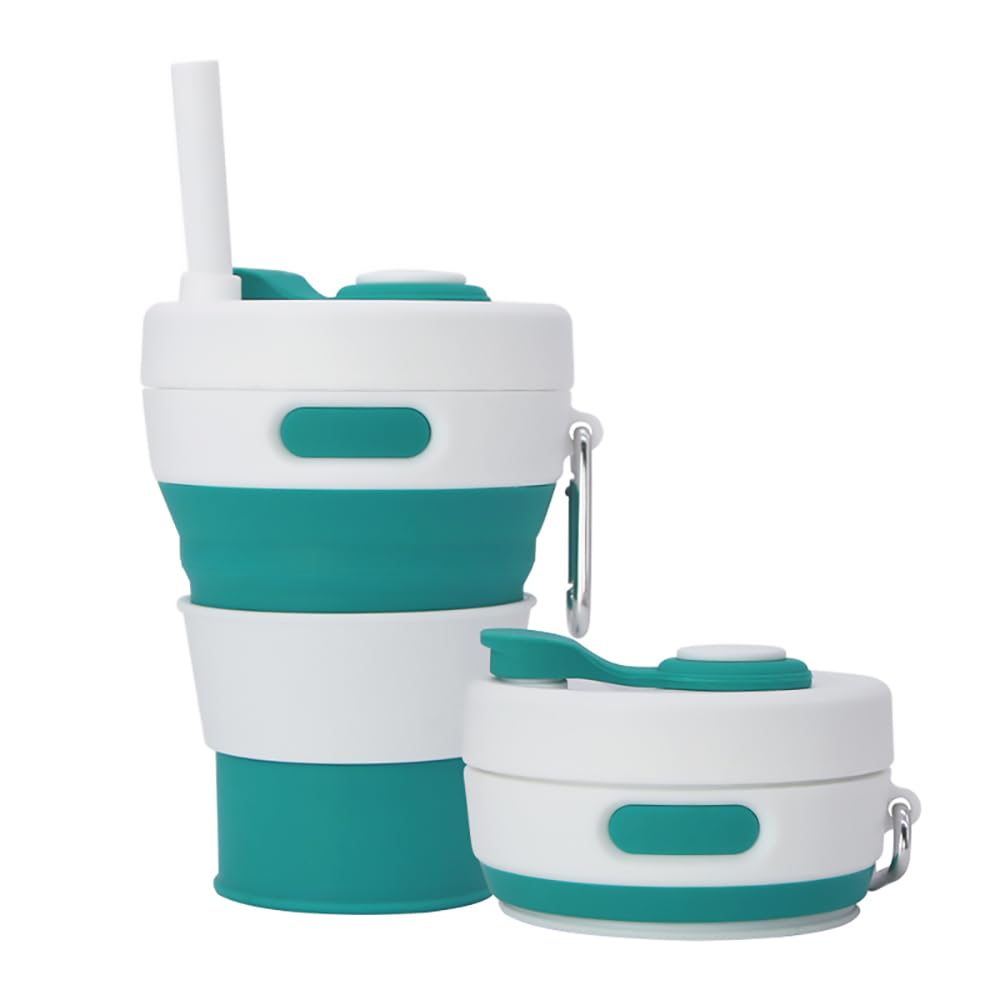 UNNESTAR Collapsible Camping Cup with Straw Silicone Folding Coffee Cup Sport Bottle Portable Travel Outdoor Car 16oz 20oz (Green) — image 1