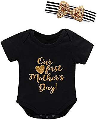 HESHENG 2Pcs Newborn Baby Girls Outfits Short Sleeve Letter Print Romper Tops + Bows Headband