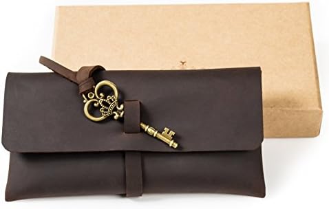 Ancicraft Leather Pencil Case for Women Men Pen Pouch Holder Phone Bag Pocket with Beautiful Key Closure in Gift Box (Dark Brown with Key)