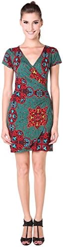 Chic Mariposa Surplice Semi Wrap Damask Printed Women's Summer Dress -Teal -L