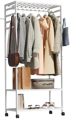 Porte Vêtements sur Pieds Roulant Blanc: Armoire Ouverte Penderie Bambou Porte Manteau et Chaussures avec 1 Barre et 4 Patères Idéal pour Maison Salon Chambre Entrée - 78x41x169cm