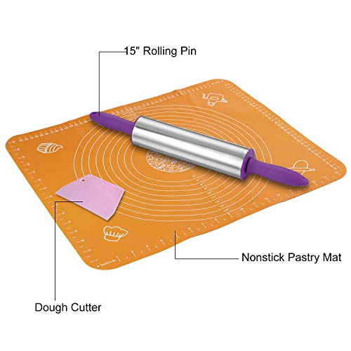 Rolling Pin, Stainless Steel Dough Roller, Pastry Mat, Dough Cutter Set for Baking, Cooking Cookie, Pie, Pasta, Pizza (3 Pieces)