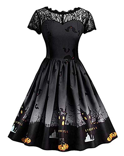 LOVER Women's Halloween Dress Short Sleeve Costume for Women with Bat Printed (Large, Black)