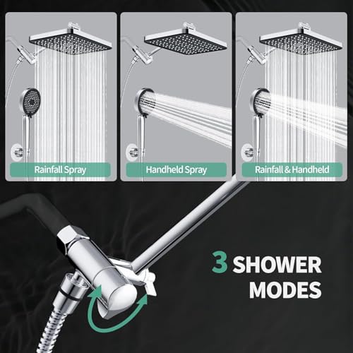 12 Inch Wide Rain Shower Head with Filtered Handheld Combo, High Pressure Rainfall Shower Head, 9 Spray Modes Handheld with 9-Inch Extension Arm, Comes with Filter Removes Chlorine (Chrome)