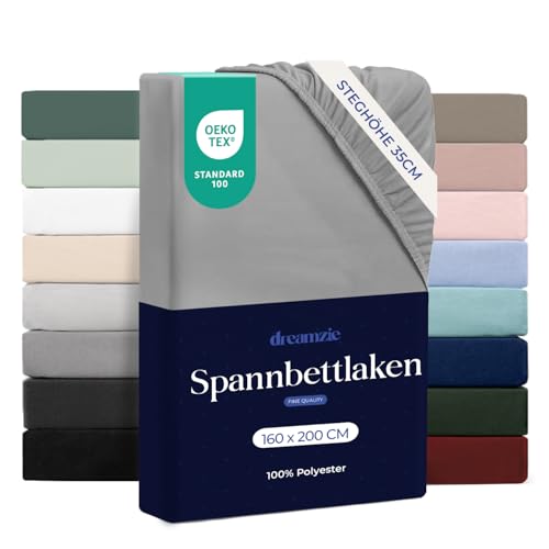 Dreamzie - Spannbettlaken 160x200cm | Mikrofaser Weich – Für Dicke Matratzen – Oeko-Tex | Komfort, Atmungsaktivität, Pflegeleicht – Grau