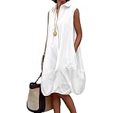 UOOZEE Women's Summer Sleeveless Button Up Shirt Dress Collar V Neck Cotton Tank Dresses with Pockets