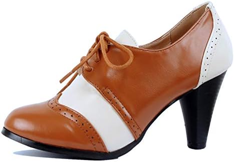 Guilty Shoes Womens Classic Retro Two Tone Embroidery - Wing Tip Lace Up Kitten Heel Oxford Pumps