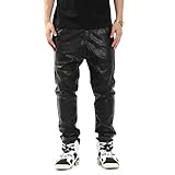Pizoff Unisex Solid Black Red Leather Casual Pants With Elastic Waist